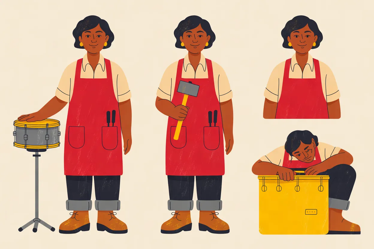 The Pan Tuner character sheet on a warm cream background, in a red apron over a cream shirt, rolled dark trousers and brown boots: a full-body front view with one hand on a drum on a stand, a second full-body front view holding a yellow-handled hammer, a head-and-shoulders close-up, and a crouching view bent over a yellow box with her eyes closed. She has the same closed-mouth smile in both full-body views and the close-up.
