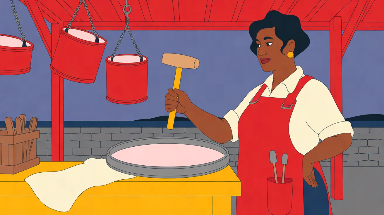 The Pan Tuner, a woman with dark brown skin, short wavy black hair and gold stud earrings, in a red apron over a cream short-sleeved shirt, stands at the right with one hand on her hip and raises a yellow-handled wooden mallet over a wide, shallow steel drum with a pale pink face on a yellow workbench. Three red drums with pale pink faces hang on chains from the red beams of the open-sided shed, and a wooden crate of sticks and a cream cloth sit on the bench to the left. Behind her a gray stone seawall and a dark strip of sea lie under a plain lavender-blue sky.