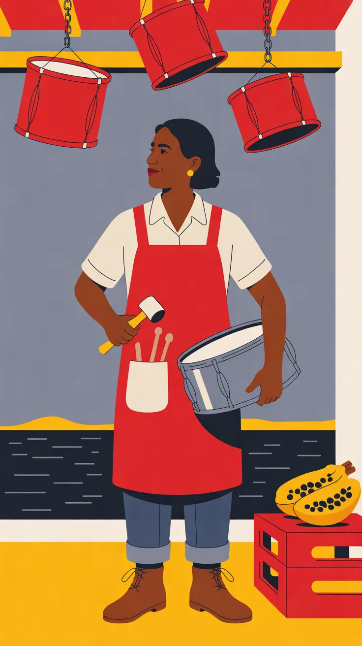 The Pan Tuner, a woman with dark brown skin, short black hair and gold stud earrings, in a red apron over a cream shirt, rolled blue trousers and brown boots, stands holding a white-headed, yellow-handled mallet in one hand and a silver drum against her hip with the other arm, looking off to the left. Three red drums hang on chains above her, and a red crate with two papaya halves sits beside her feet. Behind her a dark sea with a thin band of amber light meets a plain gray sky.